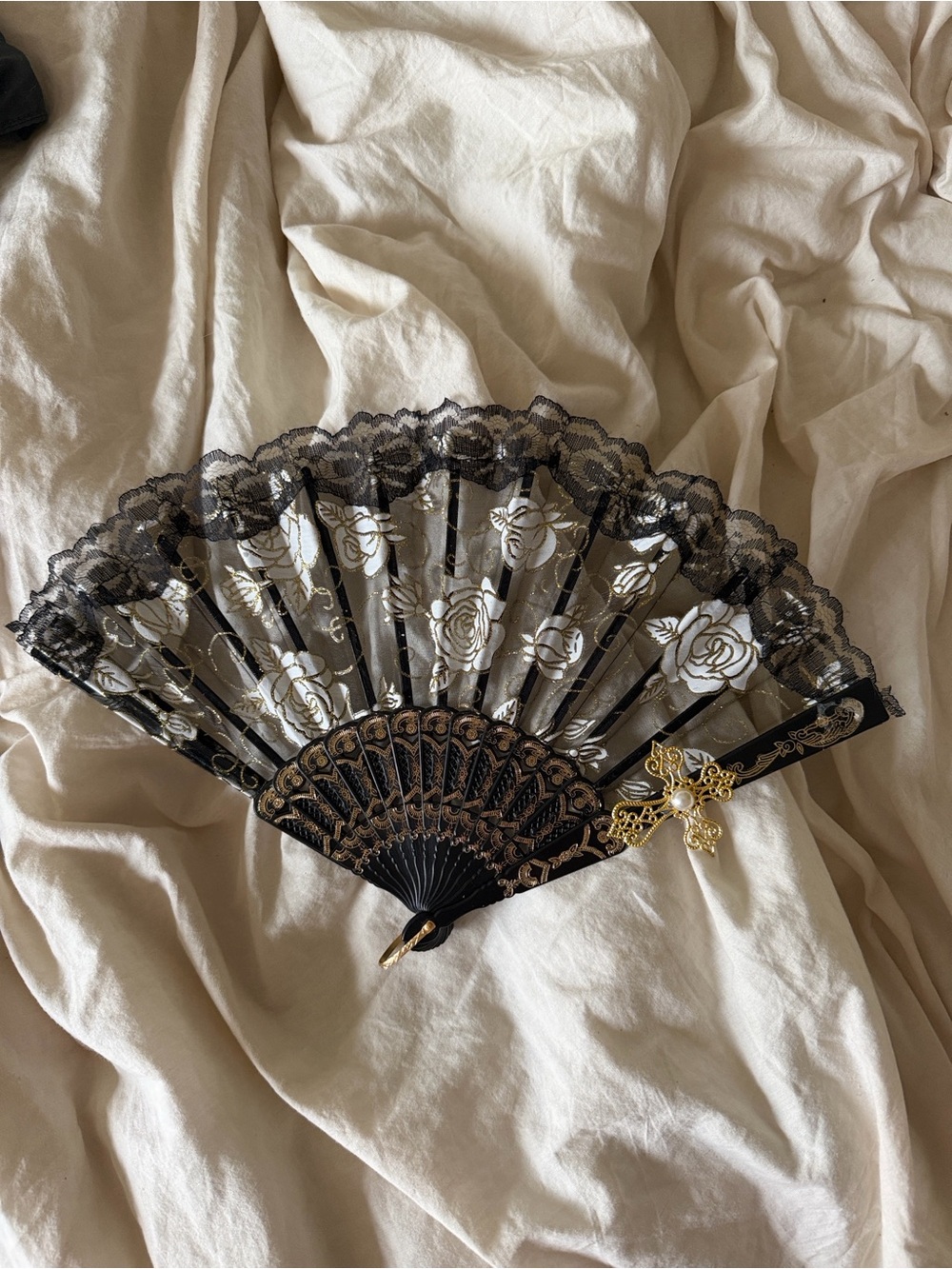 Black Lace Hand Fan with Gold Accent